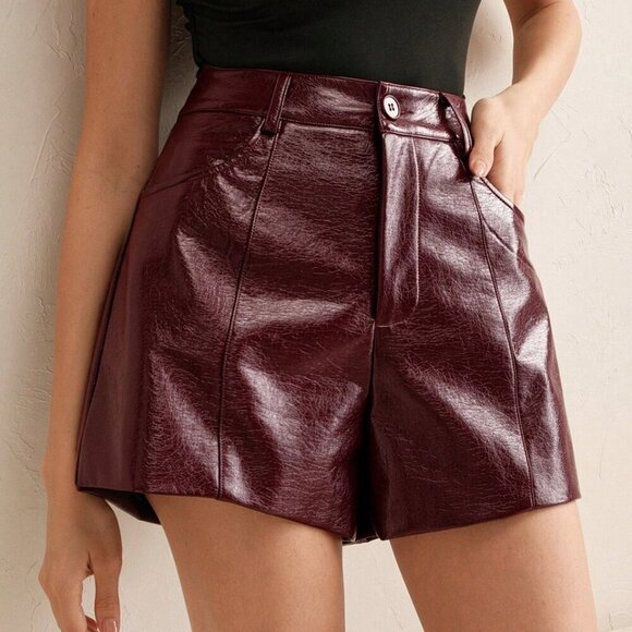 Burgundy Casual Women's Business Chic Iridescent Faux Leather Shorts - Picture 4 of 6